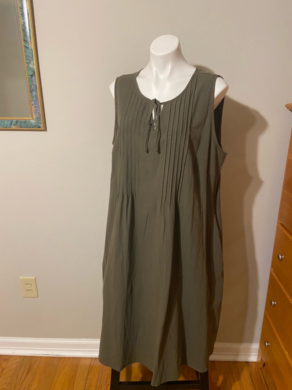 BloomChic Olive Pintuck Sleeveless Midi Dress with Neck Tie